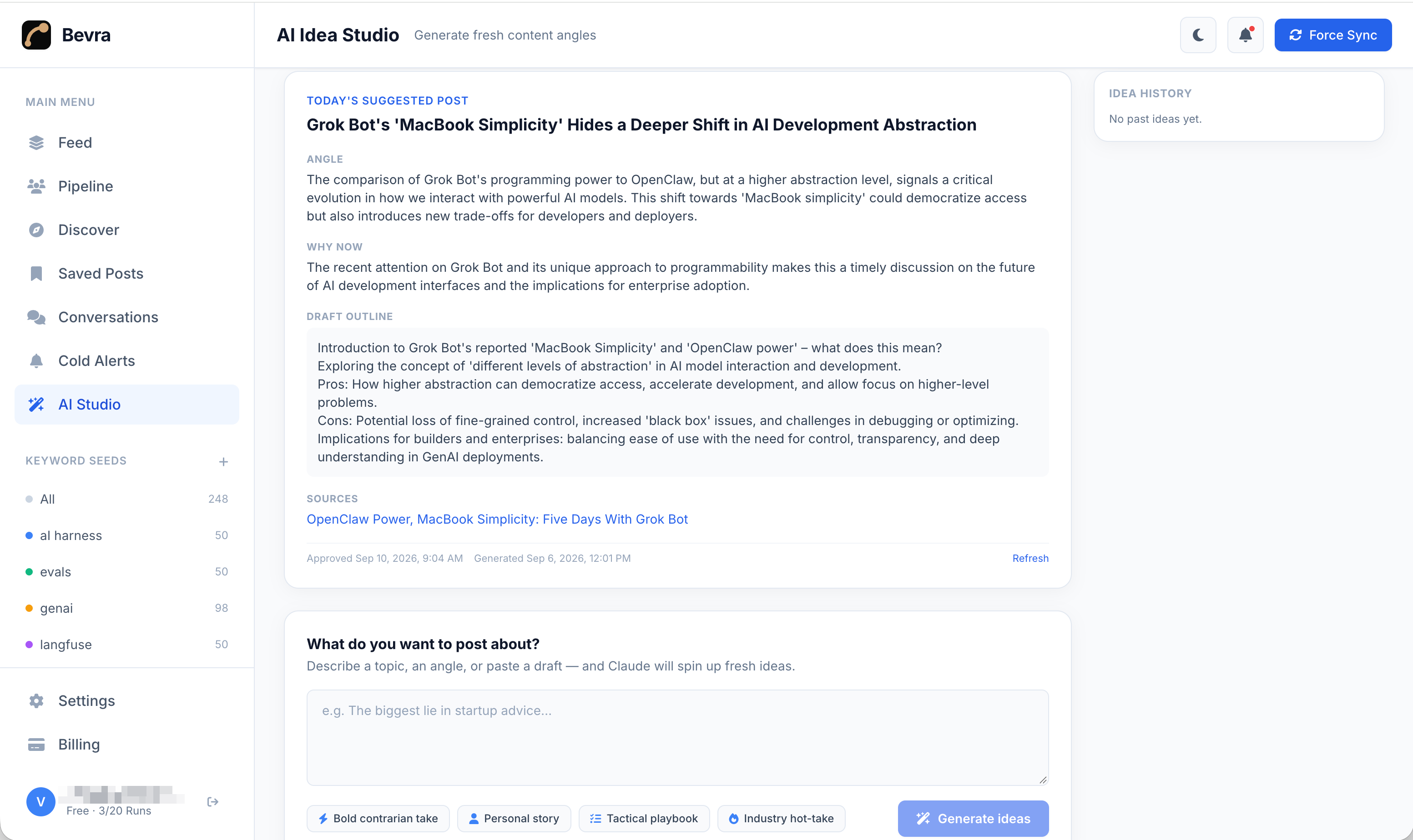 Bevra AI Studio: Today's Suggested Post from the Next Post Engine (angle, why-now, draft outline, sources)